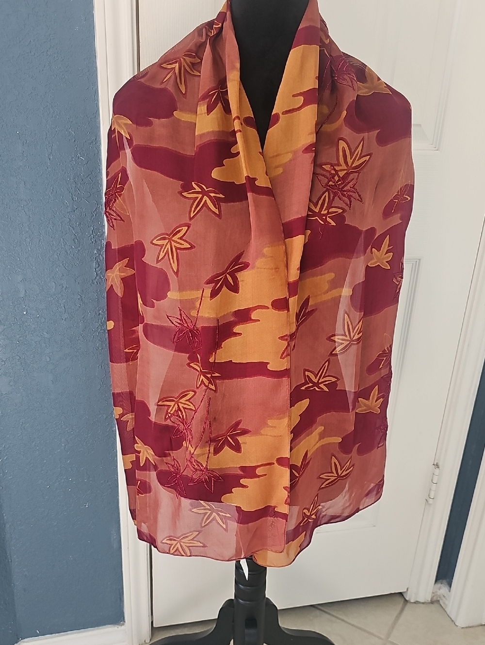 NWT Zazou No 849 Kyoto With Fallen Leaves Embroidered Georgette Wrap 65" X 19"